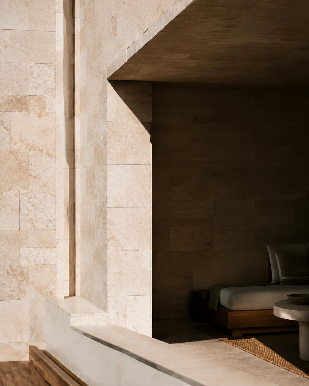 Limestone facade and shaded terrace in late sun