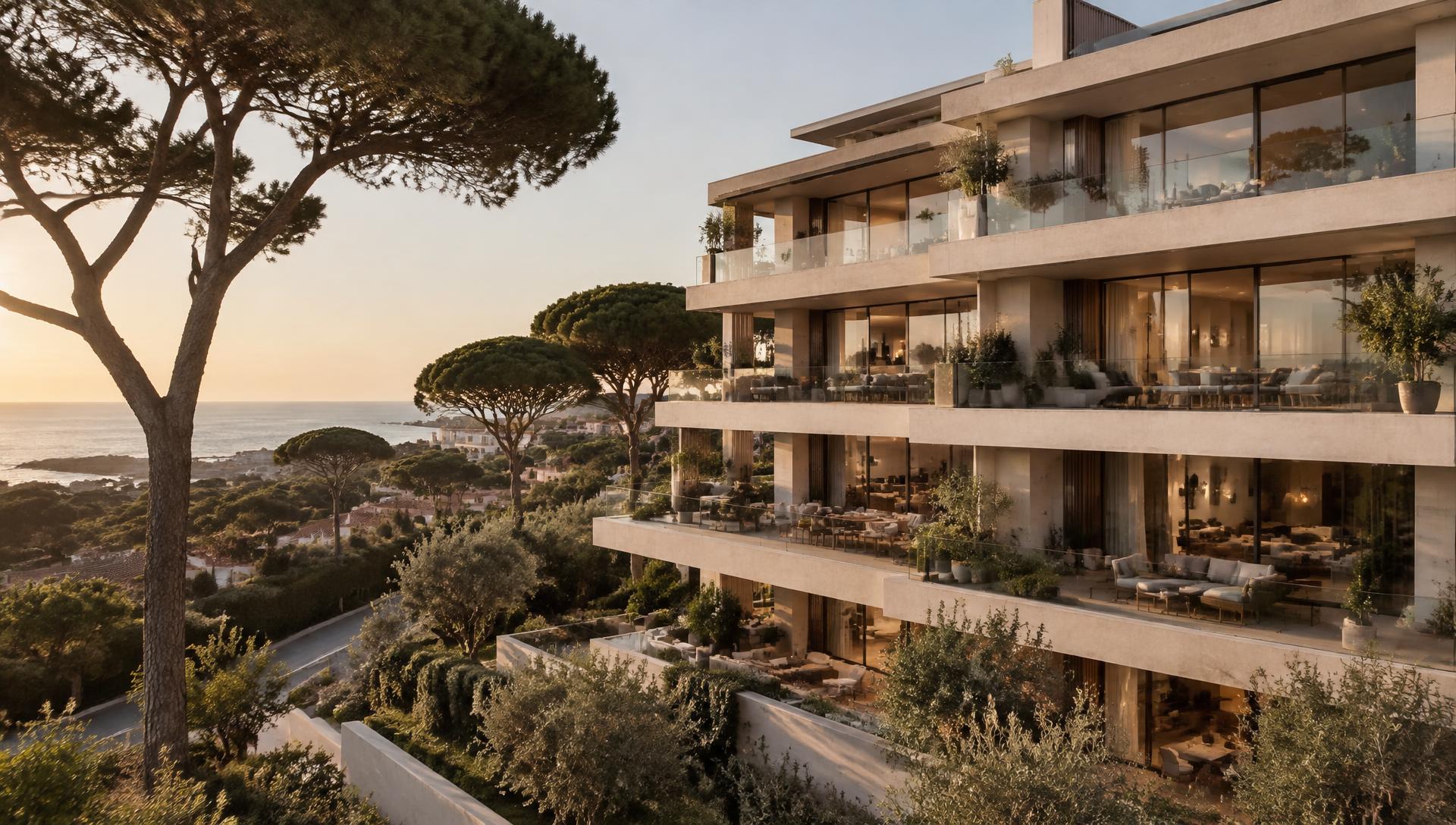 ATLÂNTICO 41 — low-rise limestone residences among umbrella pines above the Atlantic in Cascais