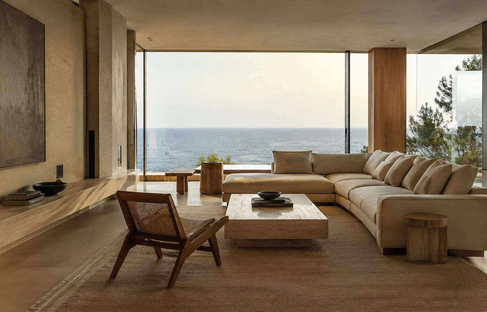 Living room with travertine, oak and ocean view